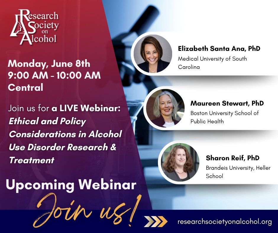 RSAposts's tweet photo. Join Us! June 8th from 9AM -10AM CT for a LIVE Webinar

Ethical and Policy Considerations in Alcohol Use Disorder Research &amp; Treatment 

Register Now!🔗 https://t.co/IpjxNIOEam

$20 Non Members | Free to RSA Members https://t.co/NGiW4877h5