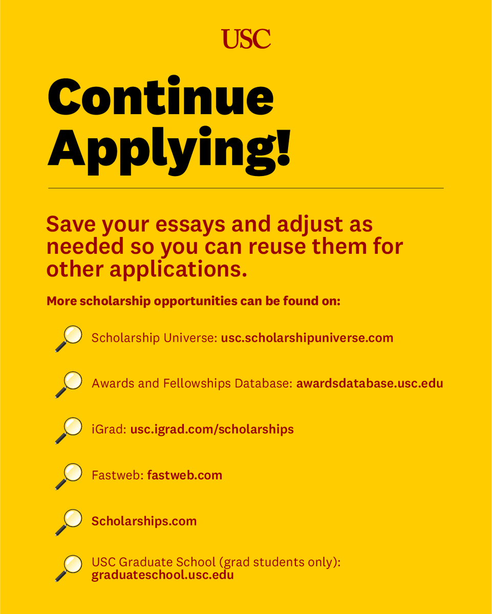 USCFinancialAid's tweet photo. Scholarships are a type of financial aid that does not have to be repaid. Here are some helpful scholarship tools and tricks! https://t.co/fQWv6nmruo