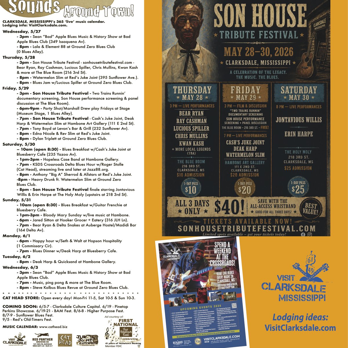 CatHeadRoger's tweet photo. CLARKSDALE MUSIC CALENDAR: https://t.co/ZEpUn3E13O

COMING SOON: 6/5-7 - Clarksdale Culture Capital. 6/19 - Pinetop Perkins Showcase. 6/19-21 - BAM Fest. 8/6-8 - Higher Purpose Fest. 8/7-9 - Sunflower Blues Fest. 9/5 - Red's Old-Timers Fest. https://t.co/t80tzwxXoO