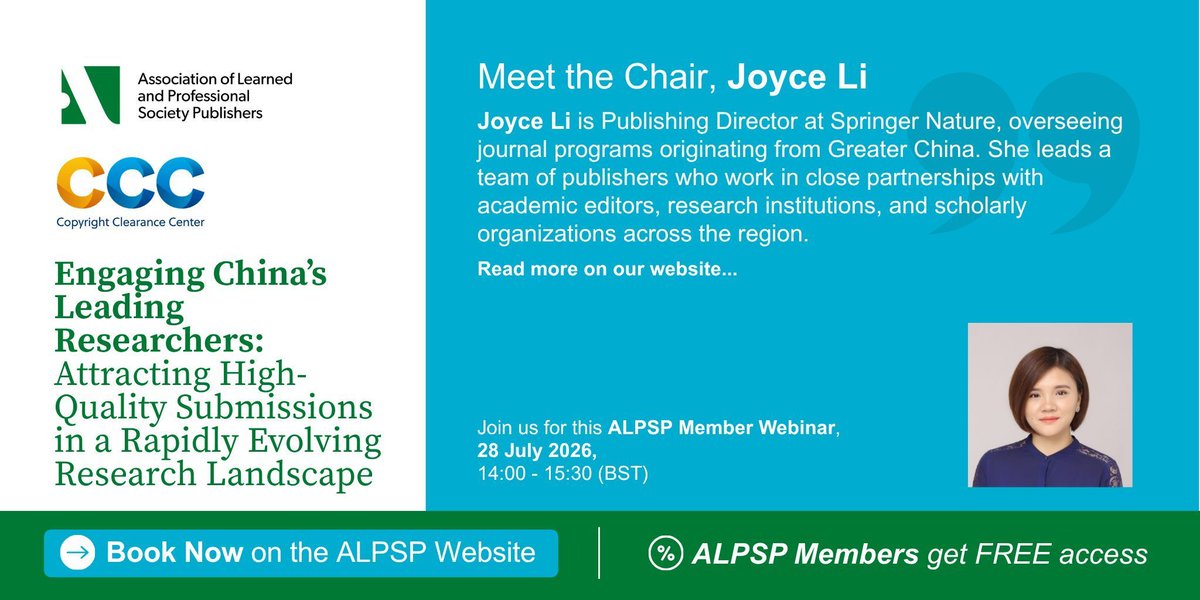 alpsp's tweet photo. Meet the 'Engaging China’s Leading Researchers' chair, Joyce Li!

Joyce Li is Publishing Director at Springer Nature, overseeing journal programs originating from Greater China. 

Find out more about Joyce, and her upcoming webinar, at 👉 https://t.co/y55NL4Ja4X https://t.co/AhvCA169np