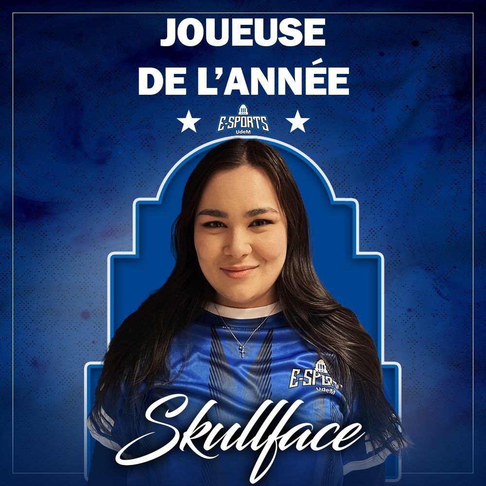 udemesports's tweet photo. 🔵 UdeM Esports Awards 🔵 - Jour 9️⃣ 

Le prix de la Joueuse UdeM Esports de l'année revient à notre joueuse d'Overwatch, Skullface! 

Félicitations!

#AllezLesBleus https://t.co/Gj1arBOQ2K