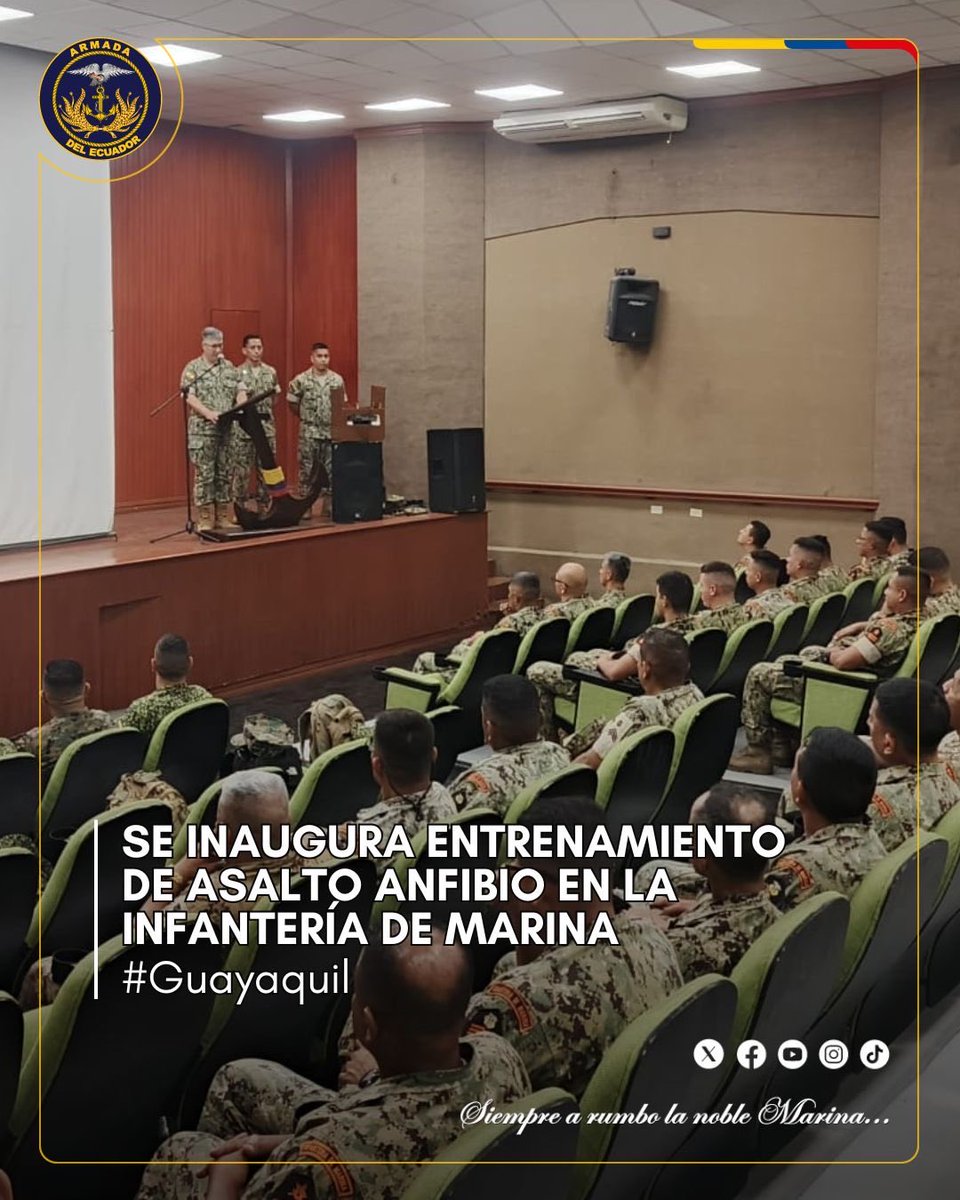 armada_ecuador's tweet photo. SE INAUGURA ENTRENAMIENTO DE ASALTO ANFIBIO EN LA INFANTERÍA DE MARINA

Con una ceremonia militar realizada en las instalaciones del Cuerpo de Infantería de Marina, se llevó a cabo la inauguración oficial del Entrenamiento de Asalto Anfibio, programa orientado al fortalecimiento de las capacidades operacionales, tácticas y de combate del personal militar.

Este entrenamiento especializado tiene como finalidad perfeccionar las destrezas físicas, técnicas y estratégicas de los participantes, preparándolos para ejecutar operaciones anfibias y misiones de alta exigencia en diferentes escenarios, contribuyendo al cumplimiento eficiente de las tareas asignadas en defensa de la soberanía, integridad territorial y seguridad del Estado.

La Armada del Ecuador reafirma su compromiso permanente con la preparación, capacitación y profesionalización de su personal, manteniendo elevados estándares de entrenamiento que garanticen una fuerza altamente operativa y lista para enfrentar los desafíos que demanda la defensa de la nación.

#YoSoyNaval 
#SiempreARumbo