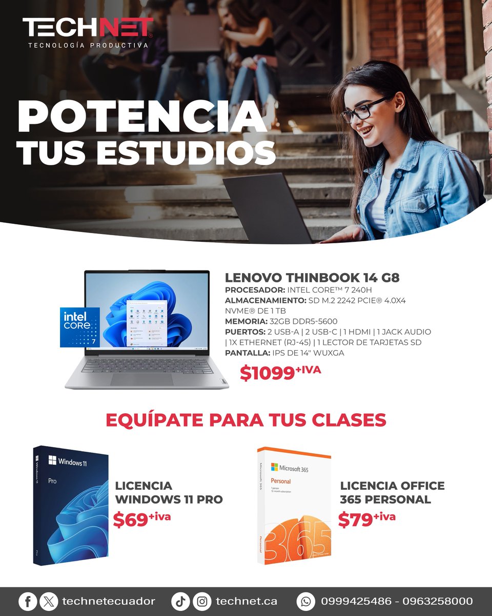 TechNetEcuador's tweet photo. 🎓💻 
Equípate para tus clases, proyectos y tareas con la poderosa Lenovo ThinkBook 14 G8 🚀
Y complementa tu experiencia con:
✅Windows 11 Pro
✅Office 365 Personal

📲Escríbenos y cotiza tu equipo ideal hoy mismo.

📞 0999425486 - 0963258000

#Universidad #Lenovo #Office365 https://t.co/PhWiCY0Egm