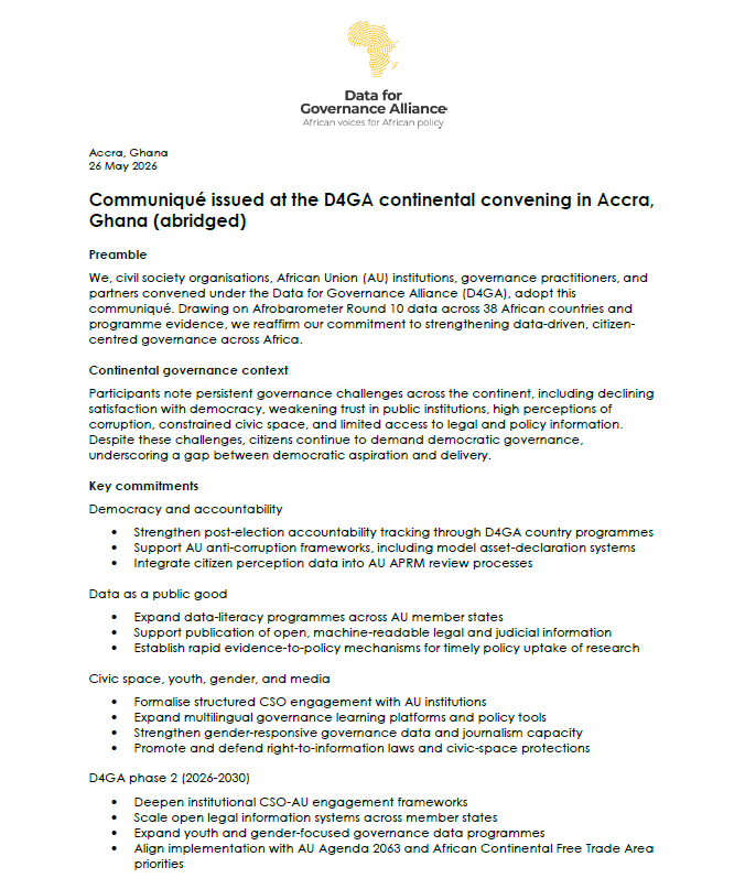 Data4GovAfrica's tweet photo. D4GA and its partners have adopted a joint communiqué at the 2026 continental convening, reaffirming our commitment to strengthening data-driven, citizen-centred governance across Africa.

Read the full #communiqué here: https://t.co/idGP1bjP9u

#AfricanVoicesForAfricanPolicy https://t.co/OHQEN1ZuIT
