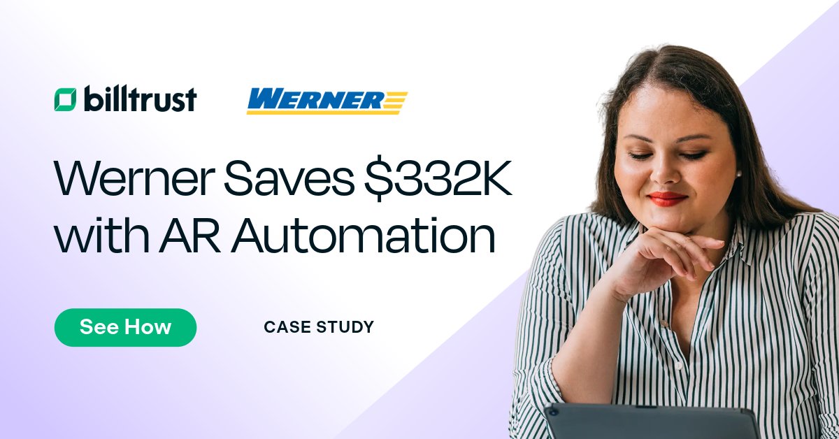 Billtrust's tweet photo. Werner customers now pay 3–7 days early. 

20 yrs with Billtrust: 97% e-invoicing, 91% auto-match, and added surcharging. 
Result: $250K saved Y1, $332K total. AR team of 3. 

Learn how: https://t.co/AsGaQGCfY6 https://t.co/usFKxQZ2DU