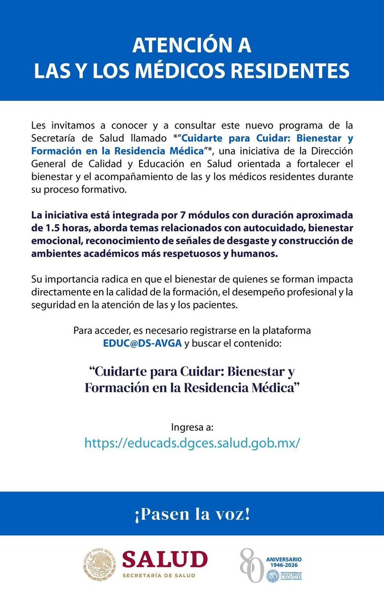 FacMedicinaUNAM's tweet photo. 🥼 Atención a las y los médicos residentes:

✨ Conoce "Cuidarte para Cuidar: Bienestar y Formación en la Residencia Médica", un programa de la Secretaría de Salud diseñado para fortalecer tu bienestar emocional y autocuidado durante tu especialización

🔗 Registro: https://t.co/AS3lrW7pHM