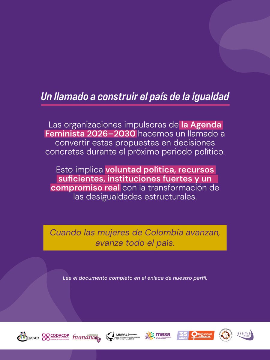 RNMColombia's tweet photo. ✊ La Agenda Feminista 2026–2030 es una propuesta de país que plantea cinco ejes prioritarios para avanzar hacia una Colombia más justa, democrática y libre de violencias para las mujeres y las niñas. 🧵 https://t.co/uodIArAcIk