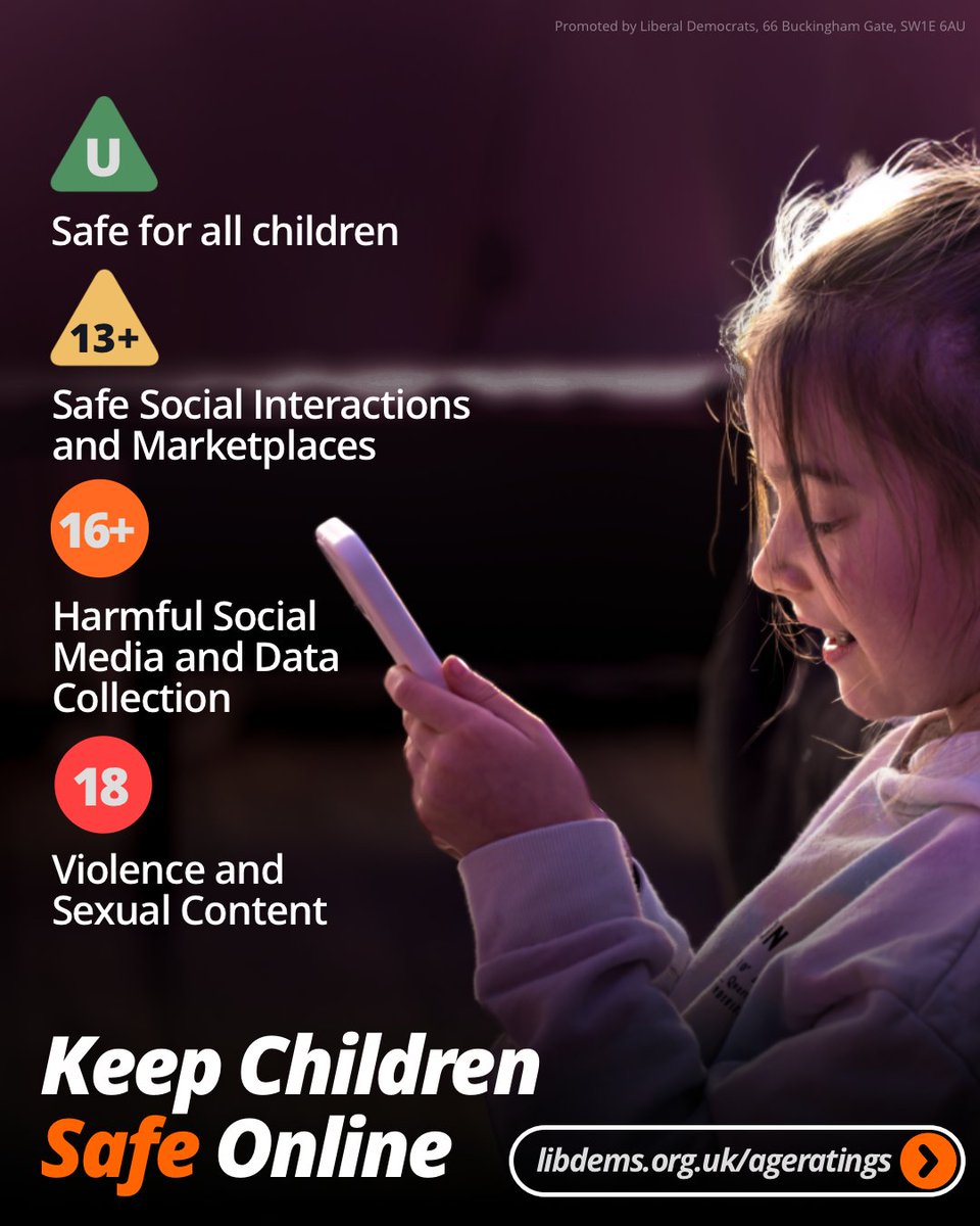 LibDems's tweet photo. Our plans for social media would protect children from harmful content with a film-style age rating system. 

Companies pushing harmful and addictive algorithms on their platforms should be nowhere near our kids. https://t.co/6cyes5U0Dv
