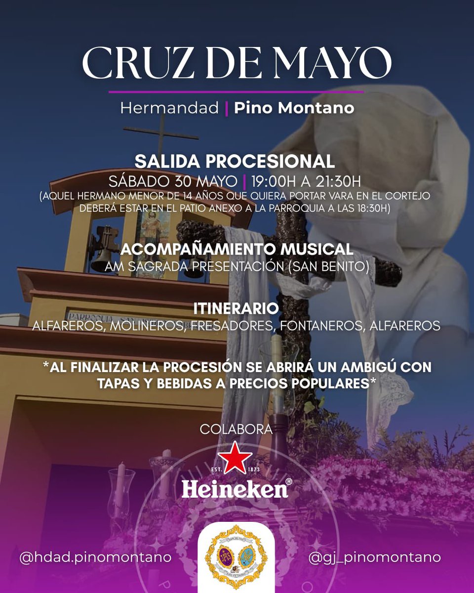 HdadPinoMontano's tweet photo. ¡Este sábado celebramos nuestra Cruz de Mayo! Será a las 19.00 horas desde el patio anexo a nuestra Parroquia.

➡️ ¡Y al finalizar abriremos la barra de nuestra Hermandad para disfrutar de un rato de convivencia con tapas y precios populares! ¡Tendremos caracoles!

¡Os esperamos! https://t.co/8L5NZwb3K6