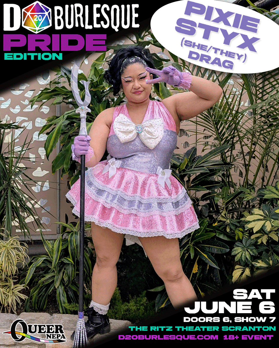 d20burlesque's tweet photo. PERFORMER SPOTLIGHT: Pixie Styx
Are you ready for a sugar rush? Pixie Styx is the frolicking fairy of Philadelphia and your IRL magical gal. A whimsical blend of sparkle and cabaret sass.
Don't miss Pixie June 6th
D20 Burlesque Pride Edition
The Ritz Theater- Scranton, PA https://t.co/hq1FiVrdve