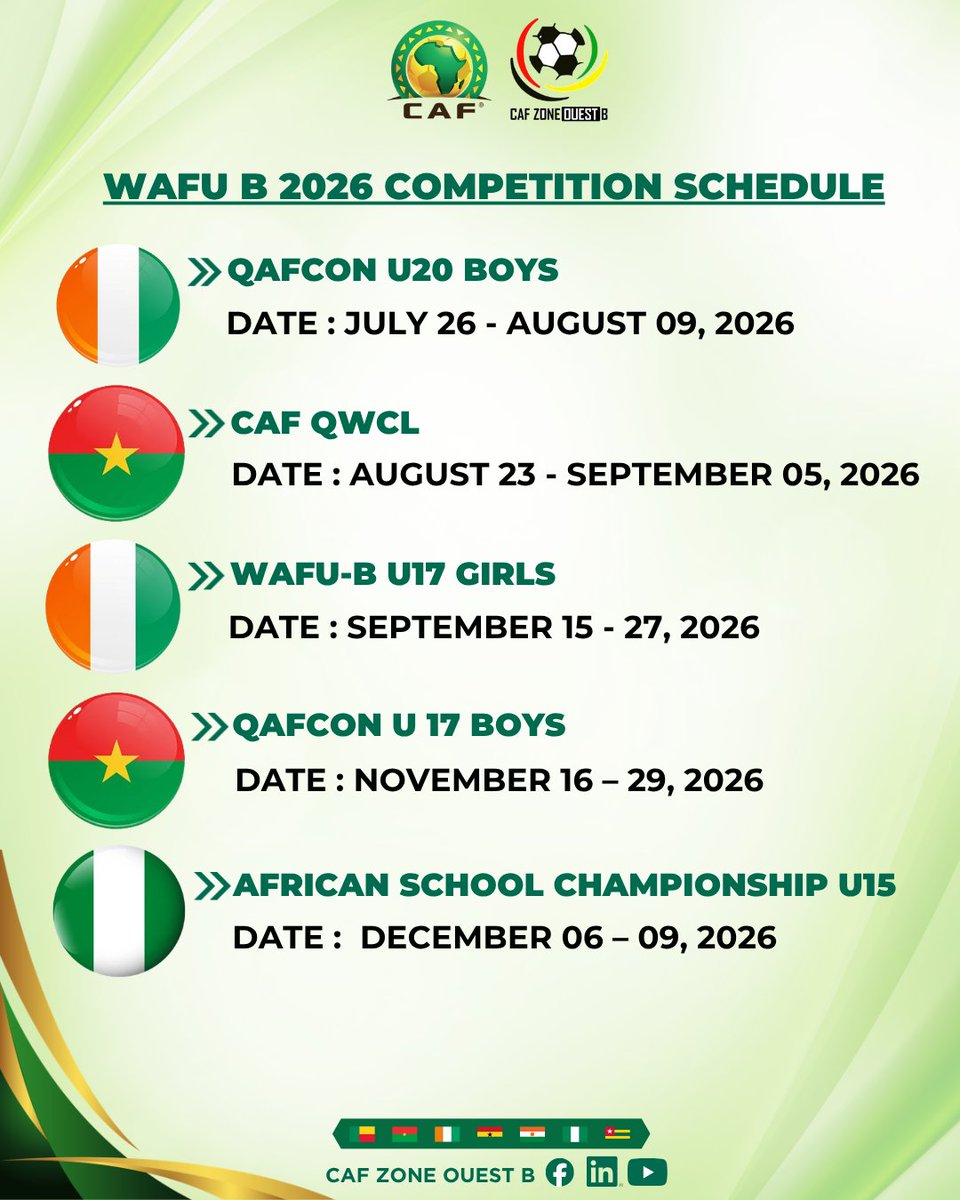 CafZoneOuestB's tweet photo. 📢 OFFICIAL 2026 PROGRAM – WAFU‑B    
Dear Member Associations & Partners, the CAF Zone Ouest- B is pleased to unveil the full calendar of the 2026 competitions.  
A year of development, performance & regional growth ahead 
📷#UFOAB #WAFUB #CAF #Competitions2026 #WestAfricaFootball #FootballDevelopment 📷 

PROGRAMME OFFICIEL 2026 – UFOA‑B    
Chères Associations Membres et Partenaires, la CAF Zone Ouest‑B est heureuse de dévoiler le calendrier complet des compétitions 2026. 
 Une année de développement, de performance et de croissance régionale s’annonce 
📷  #WAFUB #CAF #Competitions2026 #WestAfricaFootball #FootballDevelopment