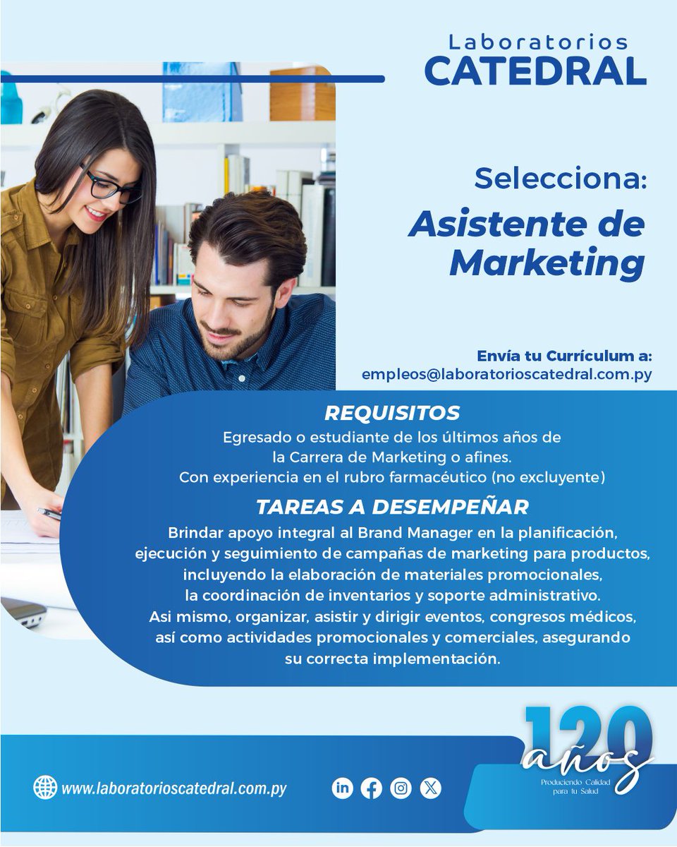 labcatedral's tweet photo. ¡Te estamos buscando!

¡Únete a nuestro equipo como Asistente de Marketing!

Envía tu CV a empleos@laboratorioscatedral.com.py o súbelo a nuestra página web: https://t.co/JT6LrgqGih

¡Te esperamos para crecer juntos! https://t.co/UtMY8VwtSQ