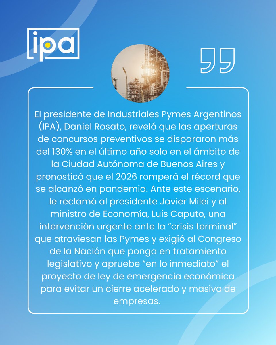 IPAPYMES's tweet photo. 📉 IPA alertó que los concursos preventivos crecieron más de un 130% en el último año en CABA y advirtió que 2026 podría superar los niveles registrados durante la pandemia.

📎 Comunicado completo:
https://t.co/vaa0Ww5iYi https://t.co/oUV67yL3jg