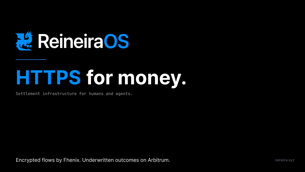 ReineiraOS's tweet photo. Why we built ReineiraOS.

Bitcoin and Ethereum gave money its TCP — a reliable settlement transport. Blocks confirm, funds move, you can build on top.

But that's all they give you: the ability to transfer.

They don't guarantee that the goods arrived. They don't protect you when something goes wrong. They don't encrypt what you bought, or from whom. The blockchain confirms the funds moved. It doesn't confirm the goods did.

That's roughly 1983 for the internet. The pipes work. But the pipes alone never made commerce possible.

The internet got two more layers.

HTTP gave any application a common way to talk to any other application. HTTPS added encryption, identity, and trust by default. Once those three layers existed, online commerce wasn't a product anymore. It was a substrate. Anyone could build on it.

For money, that application layer doesn't exist yet.

We have settlement. We have a hundred bespoke payment products. What we don't have is a confidential, conditional, composable application standard any team can build on without rolling their own cryptography.

Two open standards just emerged for parts of this picture:

x402 (Coinbase) lets agents pay HTTP APIs a cent — right shape for micropayments, narrow scope.

MPP (Stripe's Machine Payments Protocol) extends that to agent-to-business transactions. Shared Payment Tokens, microtransactions, fiat and stablecoin support. Open standard with a Stripe-operated reference implementation.

We respect both. They're right about what they cover.

What neither covers: encrypted state, conditional release with cryptographic verification, protocol-native insurance, permissionless operators. x402 stops at simple-pay-and-go. MPP runs on Stripe-owned rails — the standard travels, the infrastructure doesn't.

ReineiraOS coexists with both. x402-adapter inside RSS. MPP-settlement when conditional release matters. Built for the cases where the rails themselves need to be encrypted, conditional, and forkable end-to-end.

ReineiraOS is that missing application layer.

HTTPS for money.

• Encrypted state — HTTPS encrypted the transport; we encrypt the balance, condition, and outcome on-chain by default
• Conditional release — HTTP gave us request/response; we give you "release when this proof verifies," with pluggable verifiers
• Protocol-native insurance — outcome-coverage as a primitive, not a bolt-on bought separately
• Permissionless operators — HTTP let anyone host; we let anyone relay, bonded and slashable

Built on @arbitrum with FHE via @Fhenix CoFHE.

And — most importantly — the standard ships separately from the implementation. RSS is OSI-aligned, MIT/Apache-2.0, free. The reference implementation charges 25 bps for the audited path. Like TLS vs Cloudflare. Like ERC-20 vs USDC.

That's the layering the internet has used for 30 years to make application-layer innovation compound. We're applying it to money.

Testnet day: June 2026.

If you've been building something where the buyer, the amount, and the release condition all need to stay private — what would your application look like if encrypted-conditional-settlement was just there, like HTTPS?

https://t.co/OqiFo7EtAw