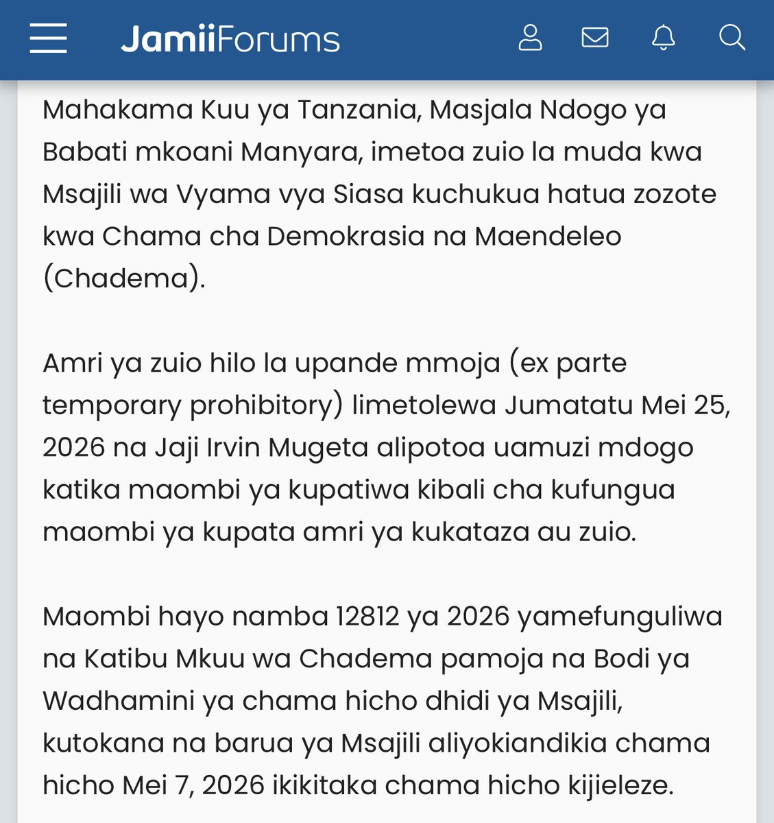 JamiiForums's tweet photo. Mei 26, 2026: Moja kati ya mijadala mingi inayoendelea ndani ya https://t.co/OgiXhqmXJu wakati huu📌
Zaidi tembelea https://t.co/yfy281NOQT
#JamiiForums #Demokrasia https://t.co/oN9SS8rxJ7
