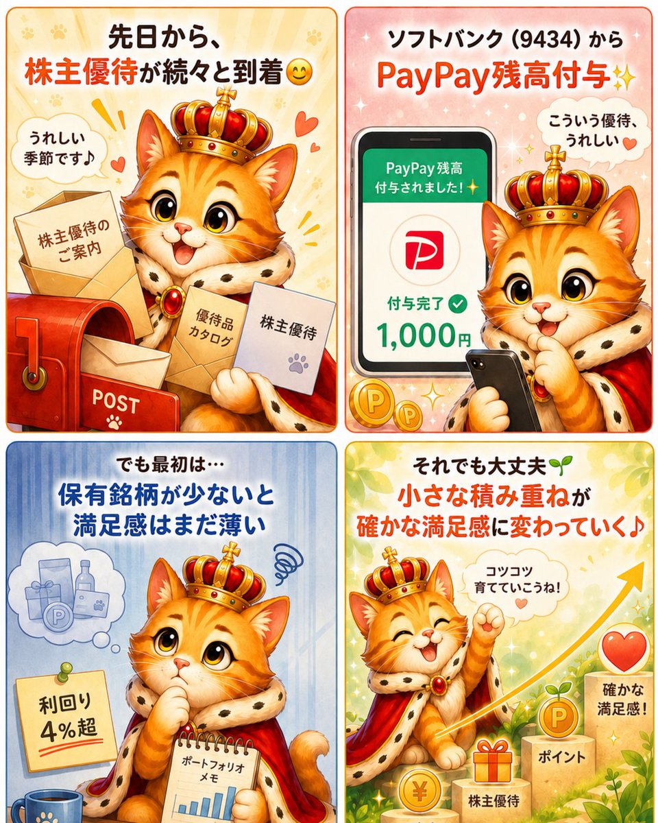 caitsith_blog's tweet photo. 先日から、たくさんの株主優待が届いてました☺️
ソフトバンク（9434）からは、PayPayポイントが付与✨
利回りも4%超えで、配当としても優秀

高配当株は、保有銘柄が少ないうちは満足感が薄いかもしれません💦

でも、この小さな積み重ねが、確かな満足感に変わっていきます♪
#株主優待 #ソフトバンク https://t.co/ETHxuZCBHY