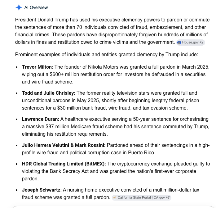 MrMojoRisin510's tweet photo. @RandPaul @SecScottBessent Bullshit and you fucking know it.

Trump has pardoned over 70 people convicted of fraud. 100s of billions in fines wiped out. Meaning they get to keep the money they defrauded. https://t.co/6TlOI7VT2Y