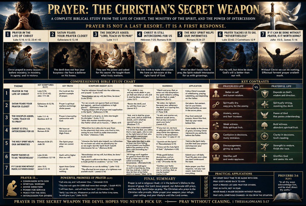 TNTJohn1717's tweet photo. 🚨‼️This chart is a full Bible study on prayer as the Christian’s secret weapon. It walks through Christ’s prayer life, Satan’s hatred of the prayer closet, Christ’s present intercession, the Holy Spirit’s help in our infirmities, and the difference between a prayerless life and a prayerful life.

The main point is simple: prayer is not a last resort; it is a first response. If the Lord Jesus prayed, if Paul commanded us to pray without ceasing, and if the devil works to keep believers off their knees, then prayer is not optional equipment. It is spiritual warfare, fellowship with God, and the lifeline of a serious Christian.

#Prayer #BibleStudy #KJV #ChristianLiving #VerseQuest