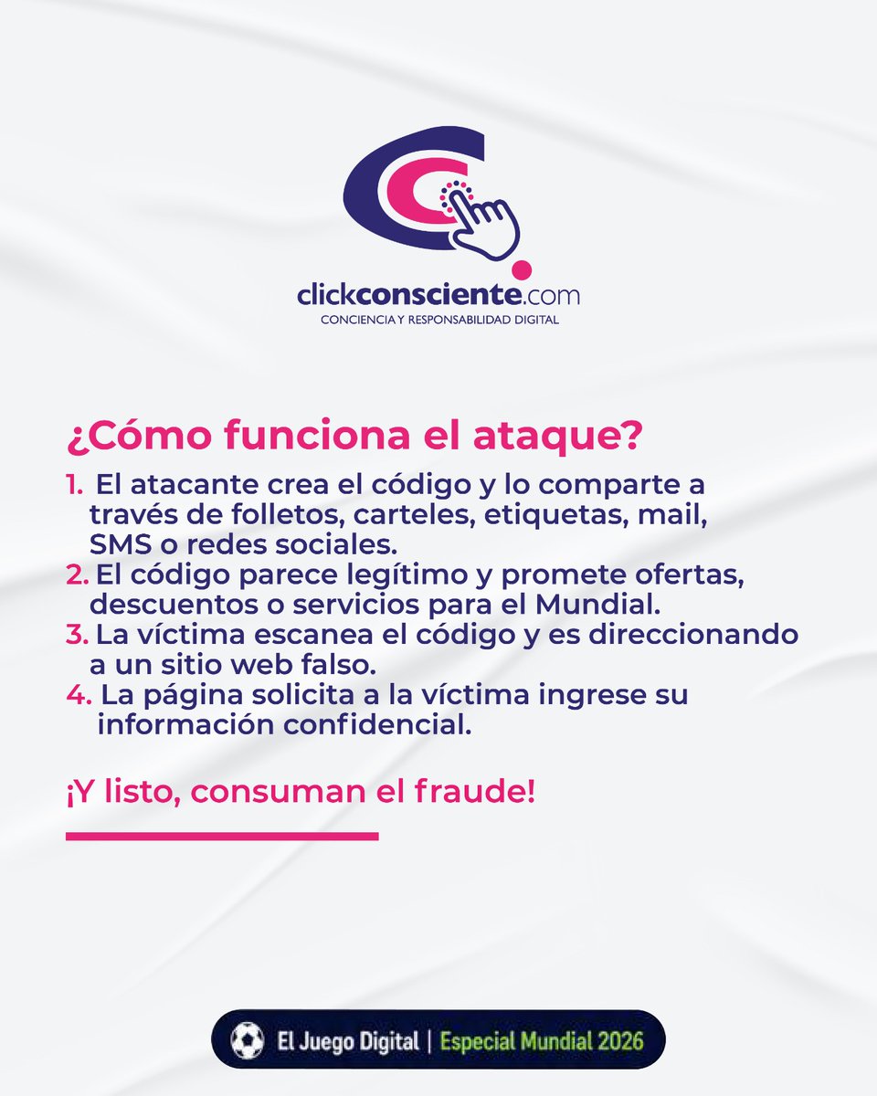 ClickConsciente's tweet photo. Seguro los usas a diario, pero ¿sabías que un código QR falso puede vaciar tus cuentas?

¡No te dejes engañar!

¡Desliza las imágenes para protegerte!

#ClickConsciente #Quishing #Ciberseguridad #CopaMundial #ProtecciónDeDatos https://t.co/70EO7hEMra