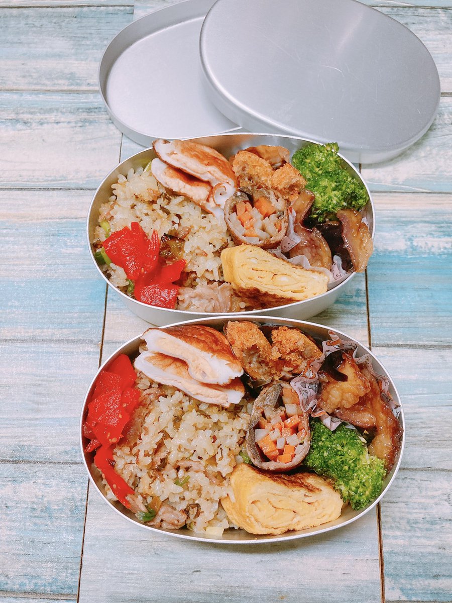 budd200's tweet photo. 【本日のお弁当】
豚高菜炒飯、マグロのメンチカツ、野菜の豚肉巻き、卵焼き、明太はんぺん、茄子の南蛮漬け、ブロッコリー😋
(2026年44作目)

#お弁当記録
#お弁当
#高校生弁当
#obento https://t.co/FjMojMtPO3