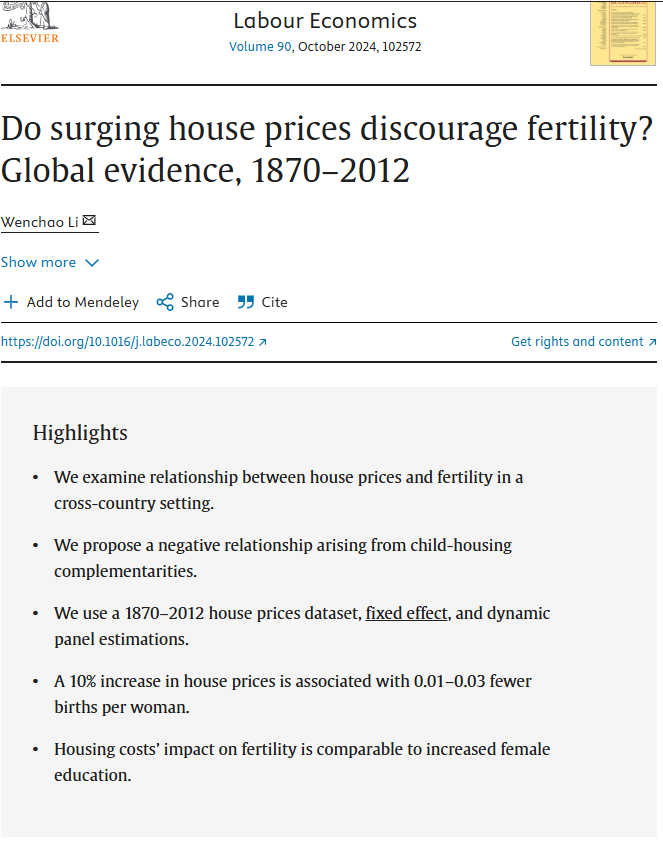 CesarChavezP29's tweet photo. I'm not extending this, but it's hilarious that people blame phones or social media for falling fertility among millennials and Gen Z. The cost of living, especially housing, is the far more plausible story.

Dettling & Kearney: a $10K rise in MSA house prices cuts fertility 2.4% among non-owners, and house prices outperform unemployment in explaining birth variation. Millennials and Gen Z are overwhelmingly renters, not owners. So this is exactly the margin that matters.
https://t.co/1vgvLlwPpi

Wenchao Li extends the result globally: surging house prices discourage fertility across countries, 1870–2012.
https://t.co/kfuvt1Xi30
