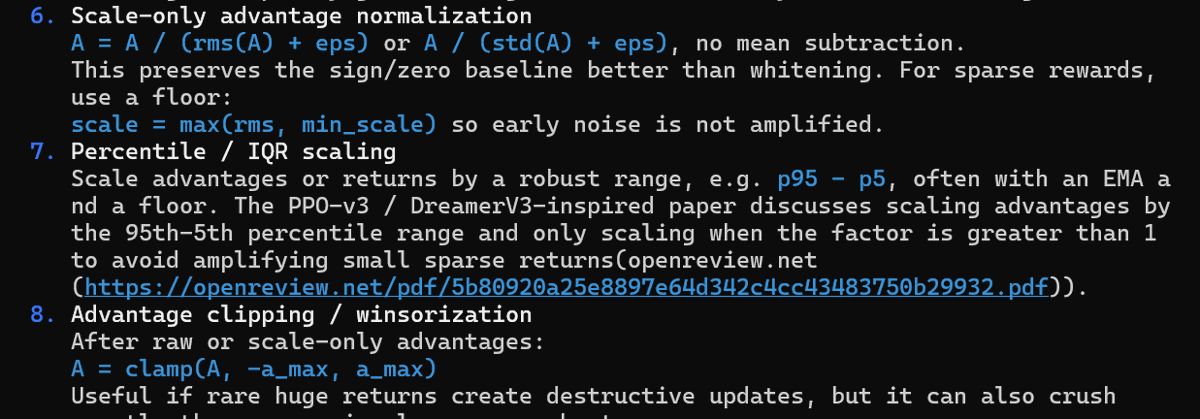 jsuarez's tweet photo. Another massive fail. Cites PPO-v3 + DreamerV3 on percentile scaling for robust advantage scaling. Pretty nifty right? Except I'm the last author on PPO-v3 and the paper states that DreamerV3's scaling tricks generally do not work at all. https://t.co/jUSUDHwQpD