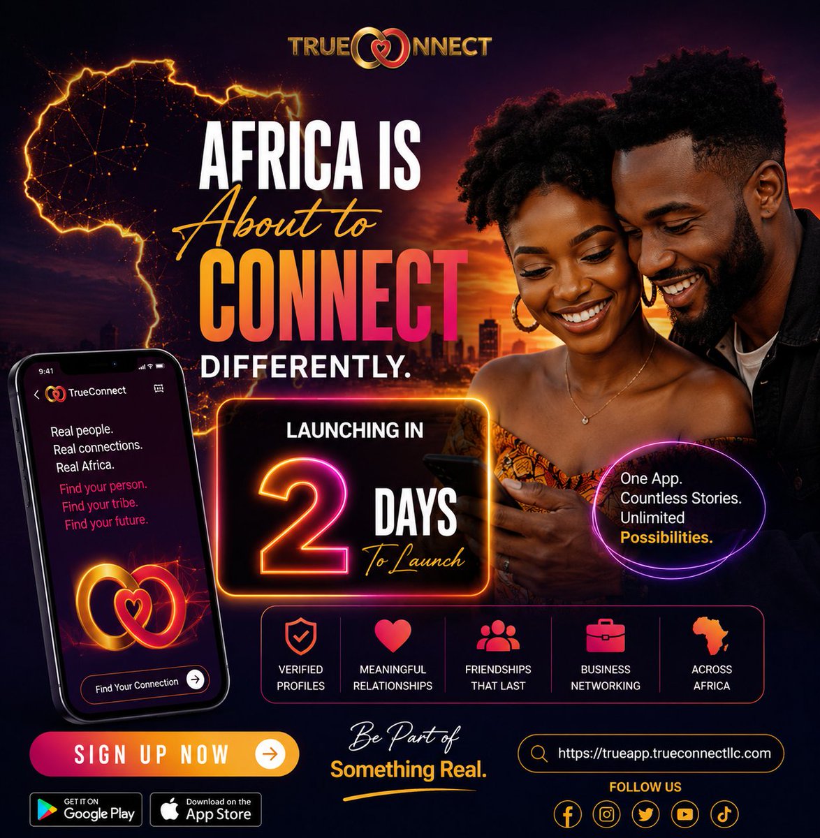 tc_offers's tweet photo. ๐จ THIS IS IT.
2 DAYS LEFT ๐๐ฅ
Africa is about to connect differently.
โค๏ธ Real relationships
๐ค Genuine friendships
๐ผ Powerful networking
โจ Trusted people
TrueConnect is almost LIVE.
Sign Up Now๐
https://t.co/oNxll35Kv0
#TrueConnect #2DaysToGo #ConnectedAfrica https://t.co/RhxR6YLmtC