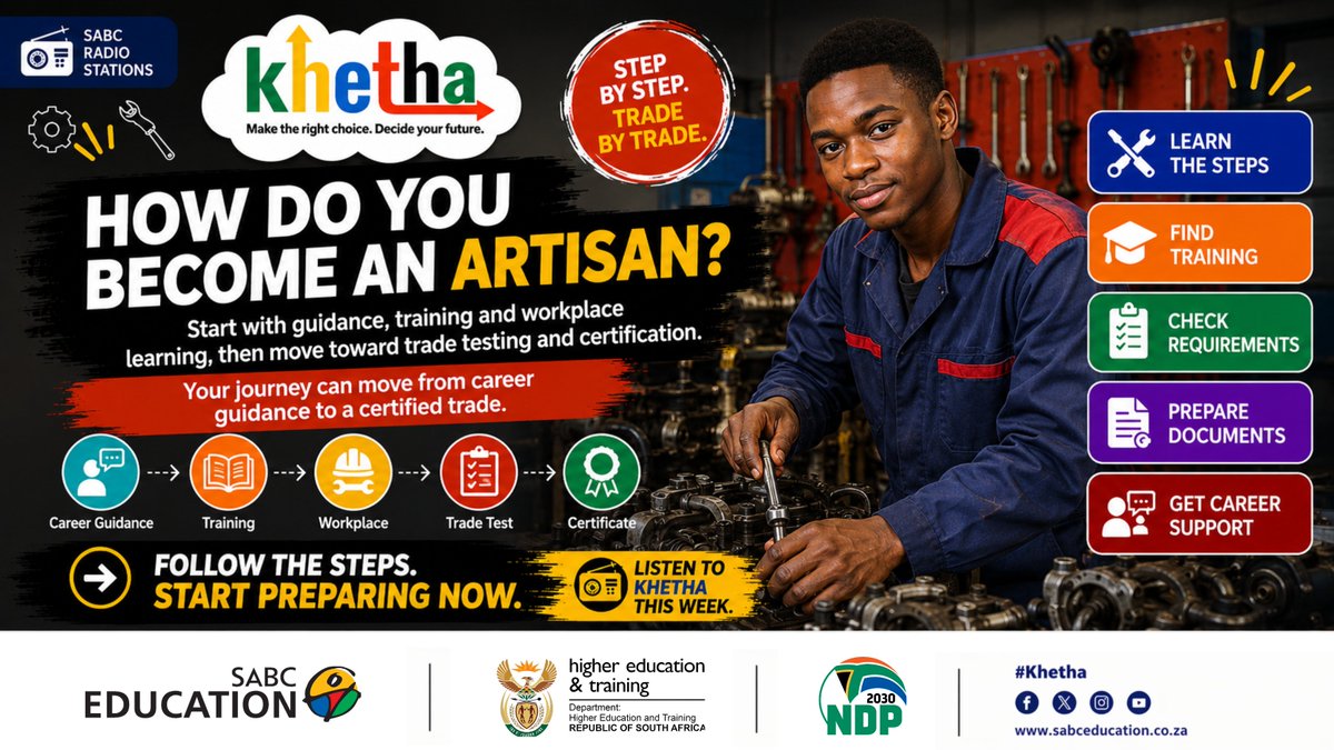 trufm's tweet photo. What is an artisan? 

An artisan is a skilled worker trained through theory, practical experience and a trade test.

From plumbers and electricians to welders and mechanics, artisans help build and maintain South Africa.

Explore with khetha

Listen here:https://t.co/Q4Gp9wtYyC https://t.co/krH1gRMvpK