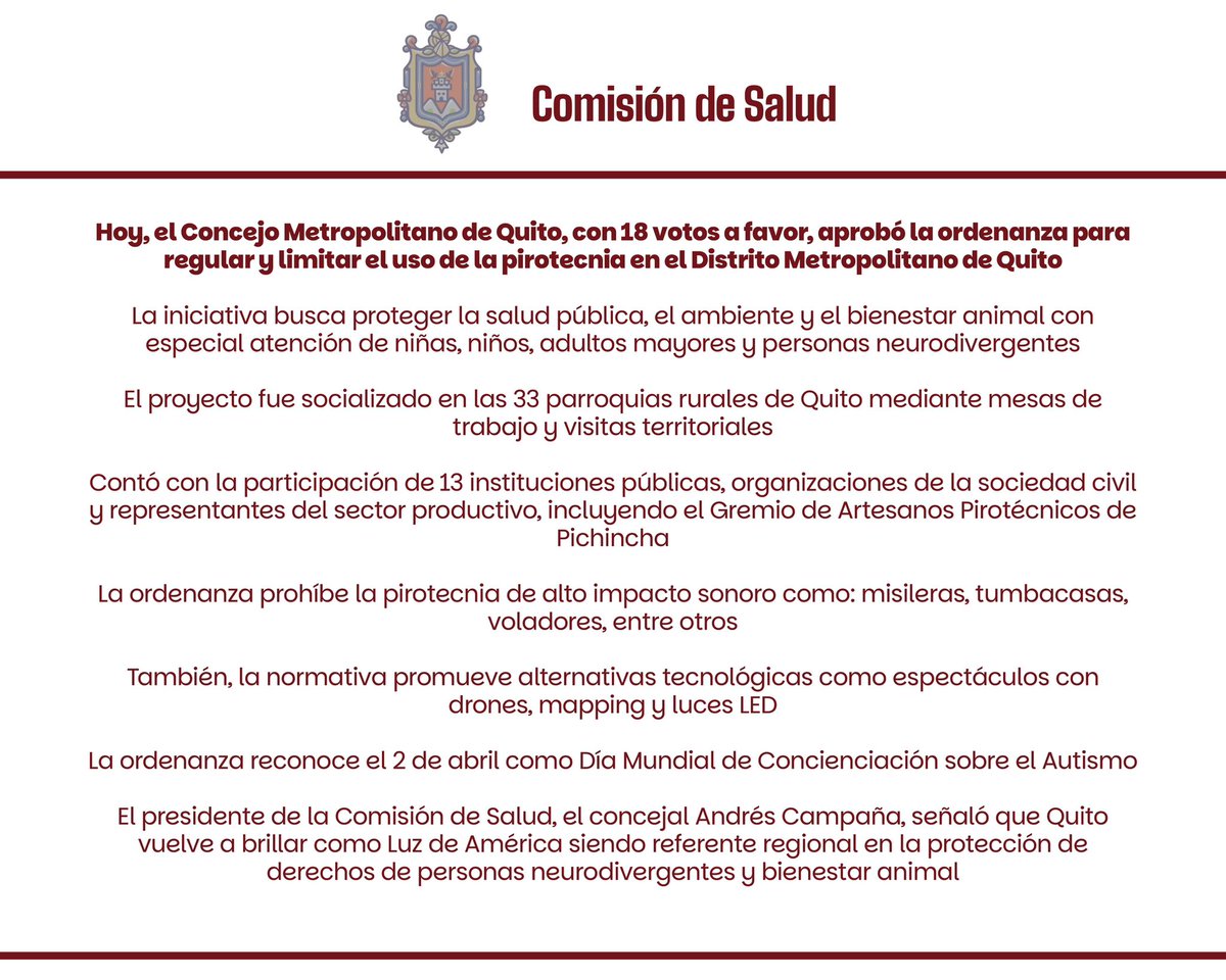 campanaUIO's tweet photo. El Concejo Metropolitano, con 18 votos a favor, aprobó la ordenanza para regular y limitar el uso de pirotecnia en el Distrito Metropolitano de Quito

Es un paso histórico en la recuperación de una ciudad más consciente, inclusiva y responsable con su gente, ambiente y animalitos https://t.co/p48PMz9oTM