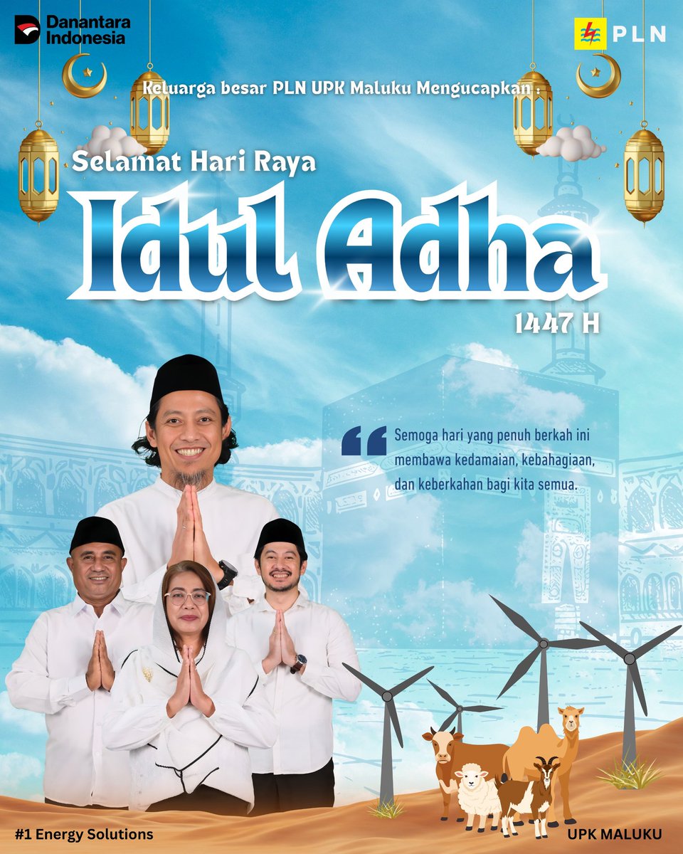 pln_upk's tweet photo. 🌙 Selamat Hari Raya Iduladha 1447 H. Semoga semangat keikhlasan, pengorbanan, dan kepedulian membawa kedamaian, kebahagiaan, serta keberkahan bagi kita semua. 🤍✨
#Iduladha1447H #PLNUPKMaluku #PLN https://t.co/WjHe57gTAF