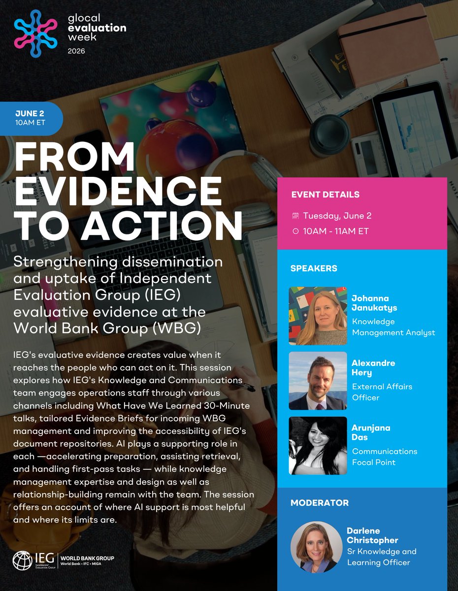 WorldBank_IEG's tweet photo. Our evaluative evidence creates real value when it reaches those who can act on it.

📅 Join us June 2 at 10 AM ET to explore how our Knowledge &amp; Communications team uses #AI-supported channels to engage operations staff.

🔗 Register: https://t.co/RjoNgdT74V https://t.co/jDXsj6p3F6