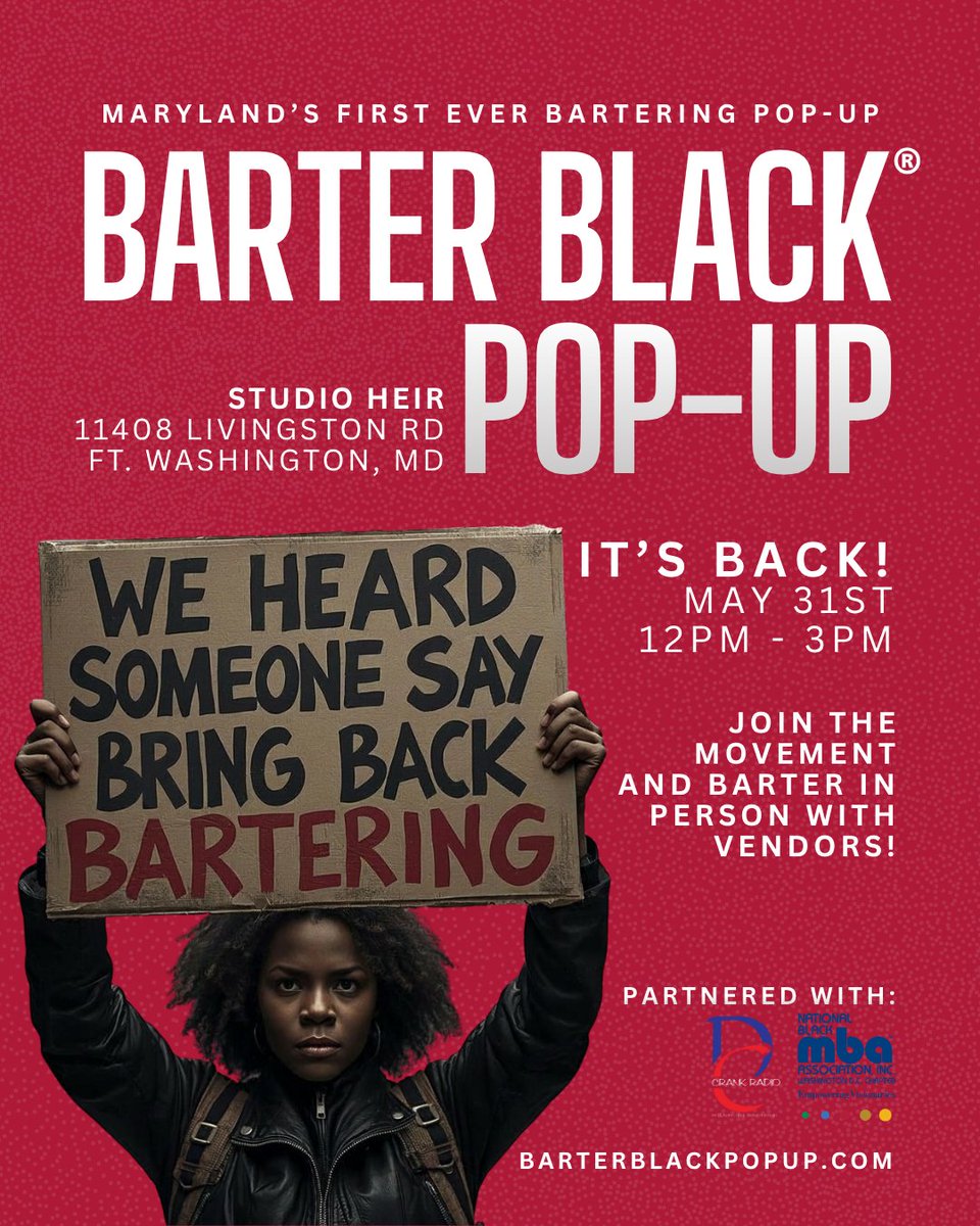 DCBlackMBAA's tweet photo. Pull up this Sunday 🤝🏾

We’re partnering with @barterblack.io for a Black business pop-up focused on collaboration, culture &amp; community.

📍 Ft. Washington, MD
📅 May 31

Tap in with DC Black MBA Association and connect with us on site.

#DCBLACKMBAA #BarterBlack #DMV https://t.co/fUWxupgedg
