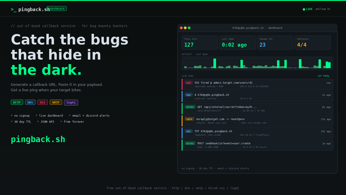 Secuaudit's tweet photo. quick reminder for anyone hunting blind bugs:  https://t.co/QzZGLOjipz   HTTP/DNS for SSRF and log4j → XSS payload for admin panel injection   → SMTP for password reset enumeration  all four in one place, free, no signup:   #BugBounty #AppSec #Recon #CyberSecurity #EthicalHacking #SSRF #OWASP