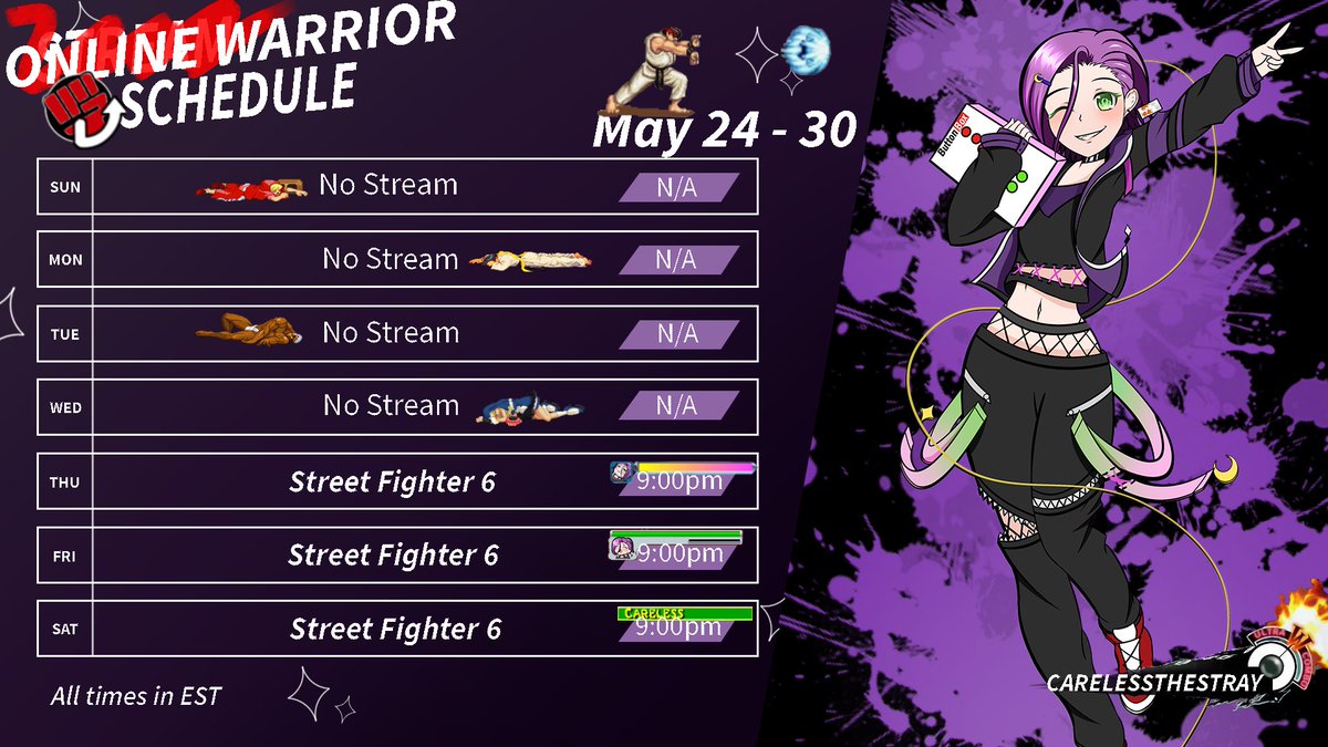 CarelessStray's tweet photo. IT'S FINALLY TIME!

Been waiting to jump back into some fighting games, and with Ingrid releasing this week its just about time we do!

So get ready cuz the next few days, weeks?, FUCK IT THE NEXT MONTH! We'll be walking the Online Warriors path!

#Streetfighter６ #FGC #VtuberEN https://t.co/wKVTkkYZBl