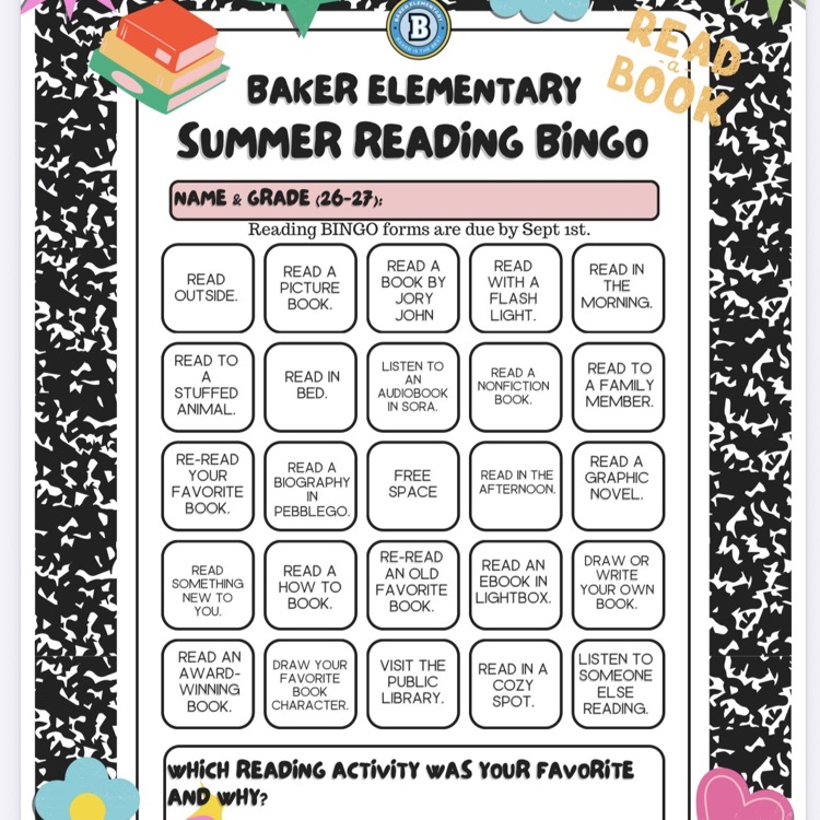 BakerElem's tweet photo. What are you reading Baker?  YOUR Baker Library has A LOT of fun planned for you with our Summer Reading BINGO!  Visit the Baker Library this summer for fun activities &amp; check out books to log and WIN!  See you soon! https://t.co/CodnSCPQNw https://t.co/35E5aF2kky