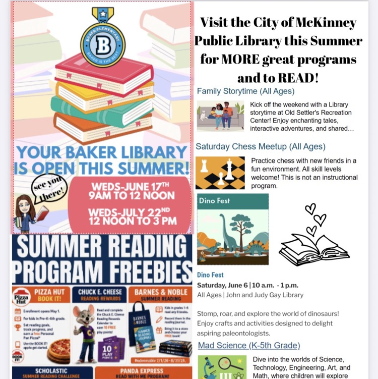 BakerElem's tweet photo. What are you reading Baker?  YOUR Baker Library has A LOT of fun planned for you with our Summer Reading BINGO!  Visit the Baker Library this summer for fun activities &amp; check out books to log and WIN!  See you soon! https://t.co/CodnSCPQNw https://t.co/35E5aF2kky