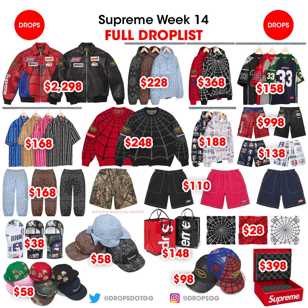 dropsdotgg's tweet photo. Supreme Week 14 - Full Droplist & Retail Prices 🔥

This week features the Supreme x Spider-Man Vanson Leathers collaboration, Fort Knox Safe, Hulken Rolling Tote Bag, Wings Football Jersey, Reflective Bandana items, Flash Lightweight Balaclava and more lookbook items!

Tell me what you’re going for this Thursday 👀