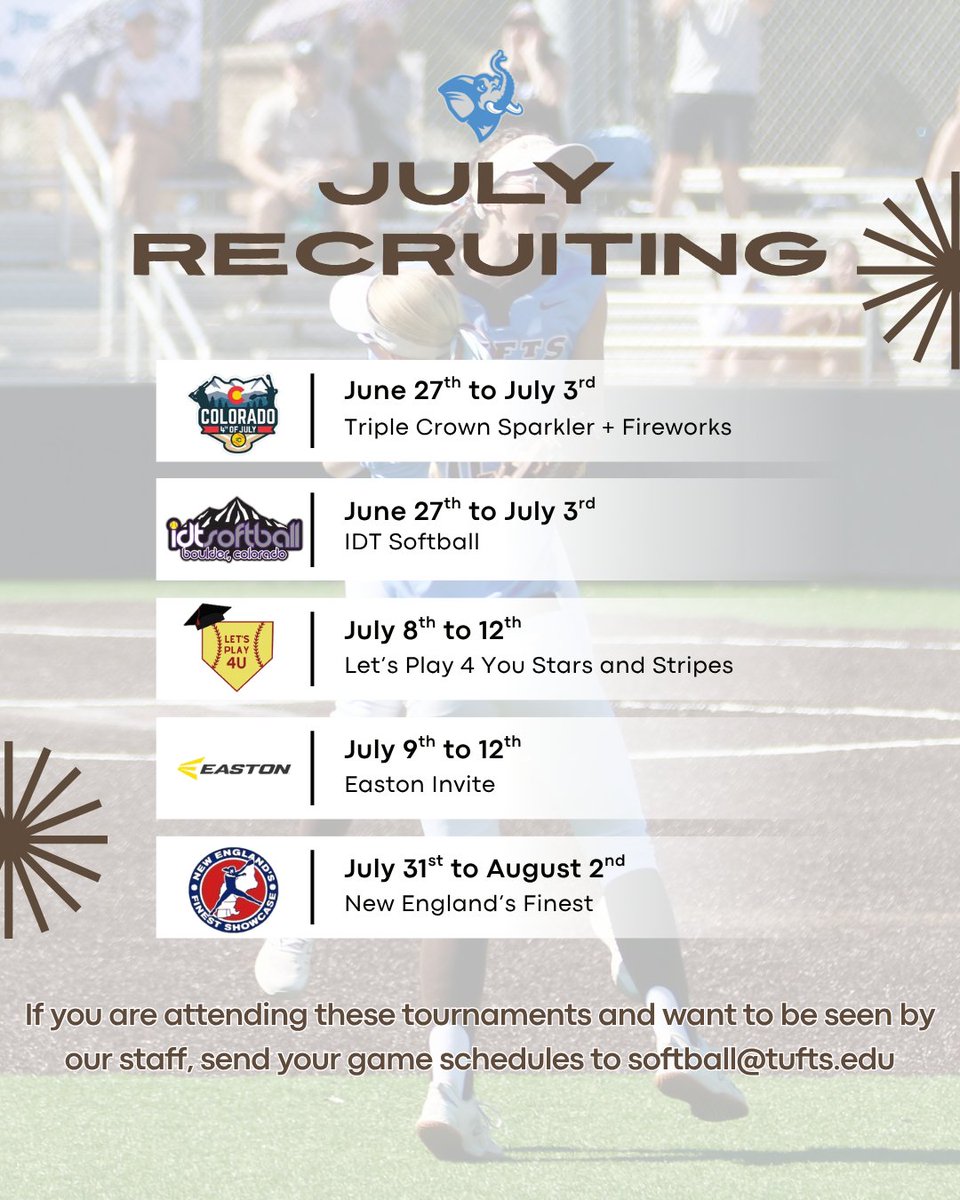 TuftsSoftball's tweet photo. Excited to hit the road on our search for future Jumbos!

Lots of places to be seen by our staff this summer.  If you are going to be at any of these events, send your schedules to softball@tufts.edu.

#futurejumbos #jumbopride https://t.co/jSOlcvzaha