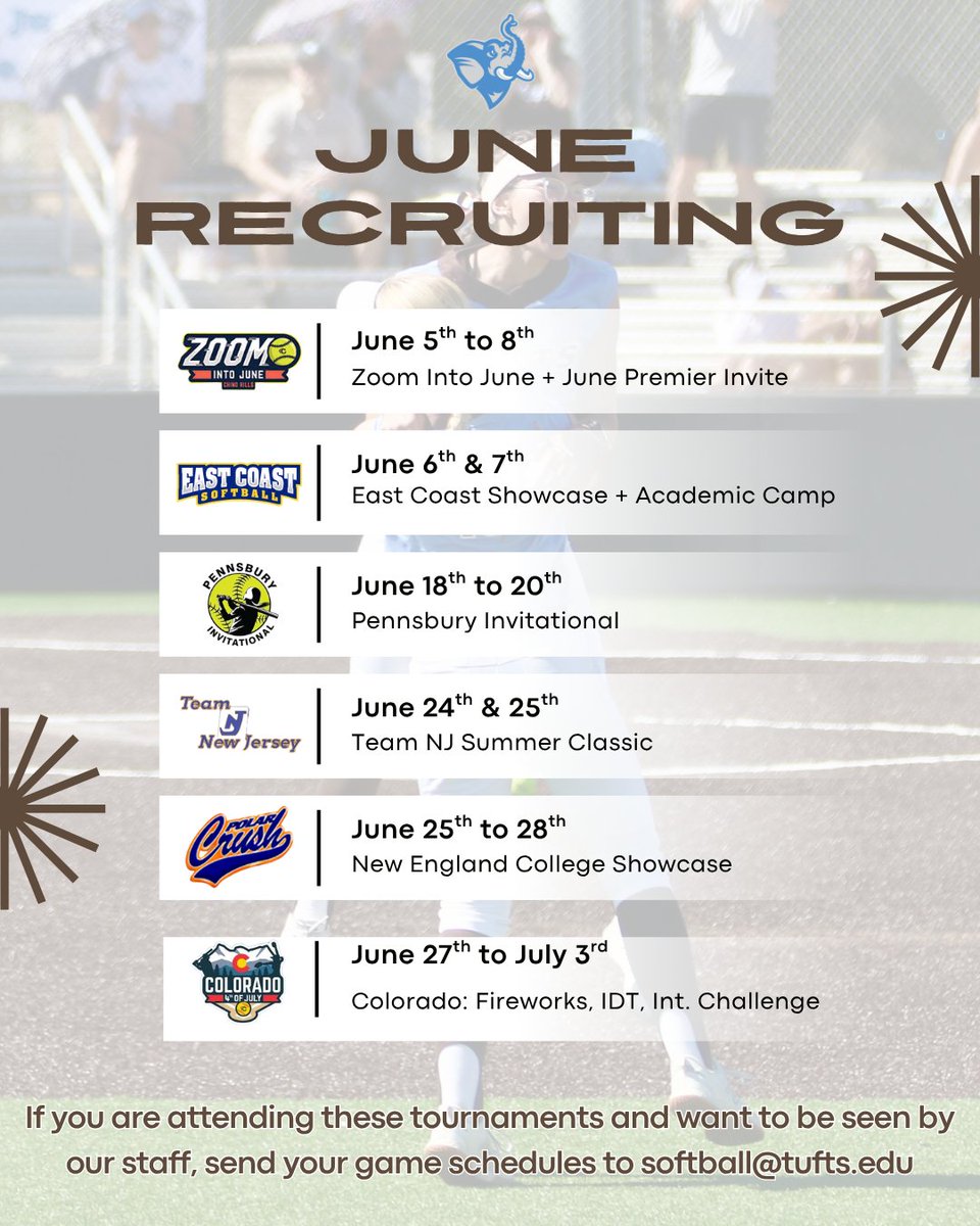 TuftsSoftball's tweet photo. Excited to hit the road on our search for future Jumbos!

Lots of places to be seen by our staff this summer.  If you are going to be at any of these events, send your schedules to softball@tufts.edu.

#futurejumbos #jumbopride https://t.co/jSOlcvzaha