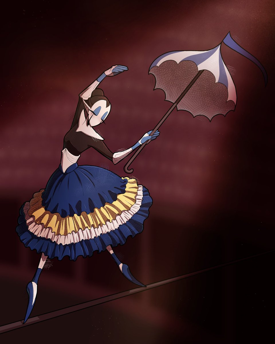 Sapph_ari's tweet photo. Coppelia the Tightrope Walker? Cursed to be in a copper body encased by porcelain. Her fingers are stuck together while her feet are forever on pointe. Ask me anything about her! https://t.co/h8x2e4ackG