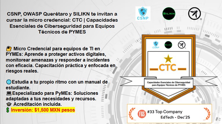 victor_ruiz's tweet photo. 🔐 CTC: Micro Credencial para equipos de TI en PYMEs
Aprende a proteger activos digitales, monitorear amenazas y responder a incidentes con eficacia. Capacitación práctica y enfocada en riesgos reales.
📲 ¡Inscríbete ahora!  Info: https://t.co/FVx1vfyfvW https://t.co/fhrPnbvLko