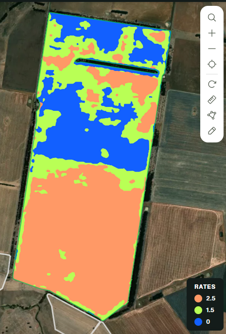 GRoh_Ag's tweet photo. Customer of mine needs to replant some canola. Used @data_farming platform to look at NDVI image of paddock and create a 3 zone prescription map with 3 rates for the replant. Customer has a @vaderstad Seed Hawk so imported shp file into cloud so map syncs with tablet in tractor. https://t.co/1dPtyAyGqI