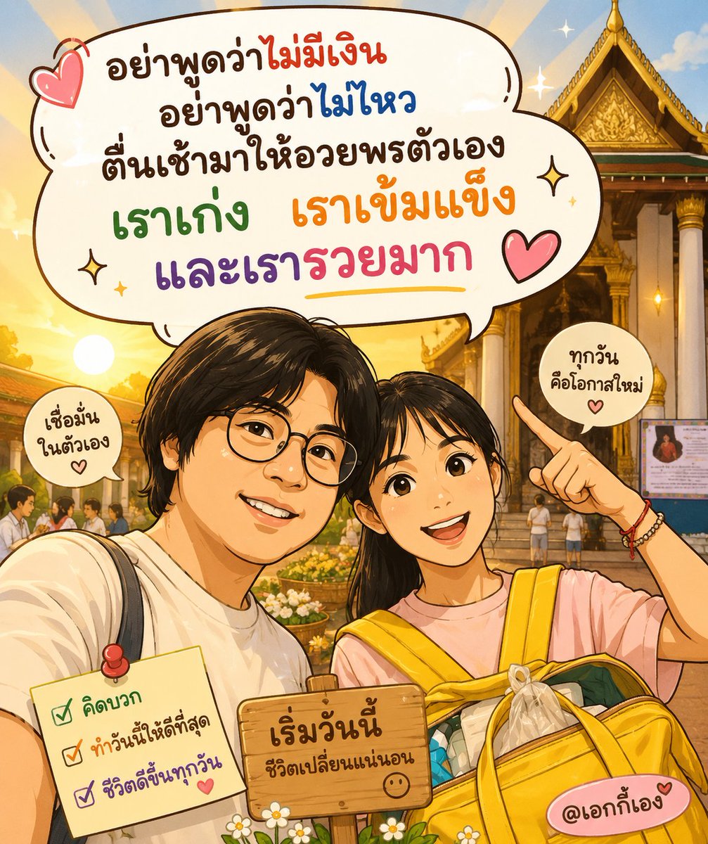akekySCB's tweet photo. เลิกพูดว่า

“ไม่มีเงิน” “ไม่ไหว”

แล้วเปลี่ยนเป็น

“เราเก่ง”
“เราเข้มแข็ง”
“และเรารวยมาก” 💰

เพราะทุกคำที่พูดซ้ำๆ
กำลังกลายเป็นความเชื่อ
และพาชีวิตเราเดินไปในทิศทางนั้นจริงๆ

พูดดีๆ กับตัวเองทุกเช้า
แล้วพลังใจดีๆ จะค่อยๆ เปลี่ยนทั้งวัน 🌈

#เอกกี้เอง
#พลังบวก #คิดบวก  #Mindset https://t.co/4bAZnagp2K