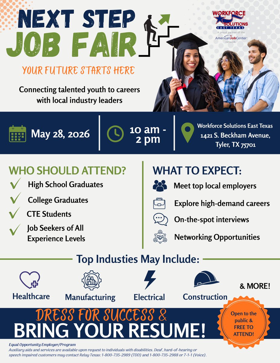 WFSolutionsETX's tweet photo. Your future starts here! Join us this Thursday at the Next Step Job Fair from 10 AM to 2 PM at our Workforce Solutions East Texas Tyler office. Dress for success, bring your resume, and come ready to meet local employers. Free and open to the public! https://t.co/PXR4EUMelw