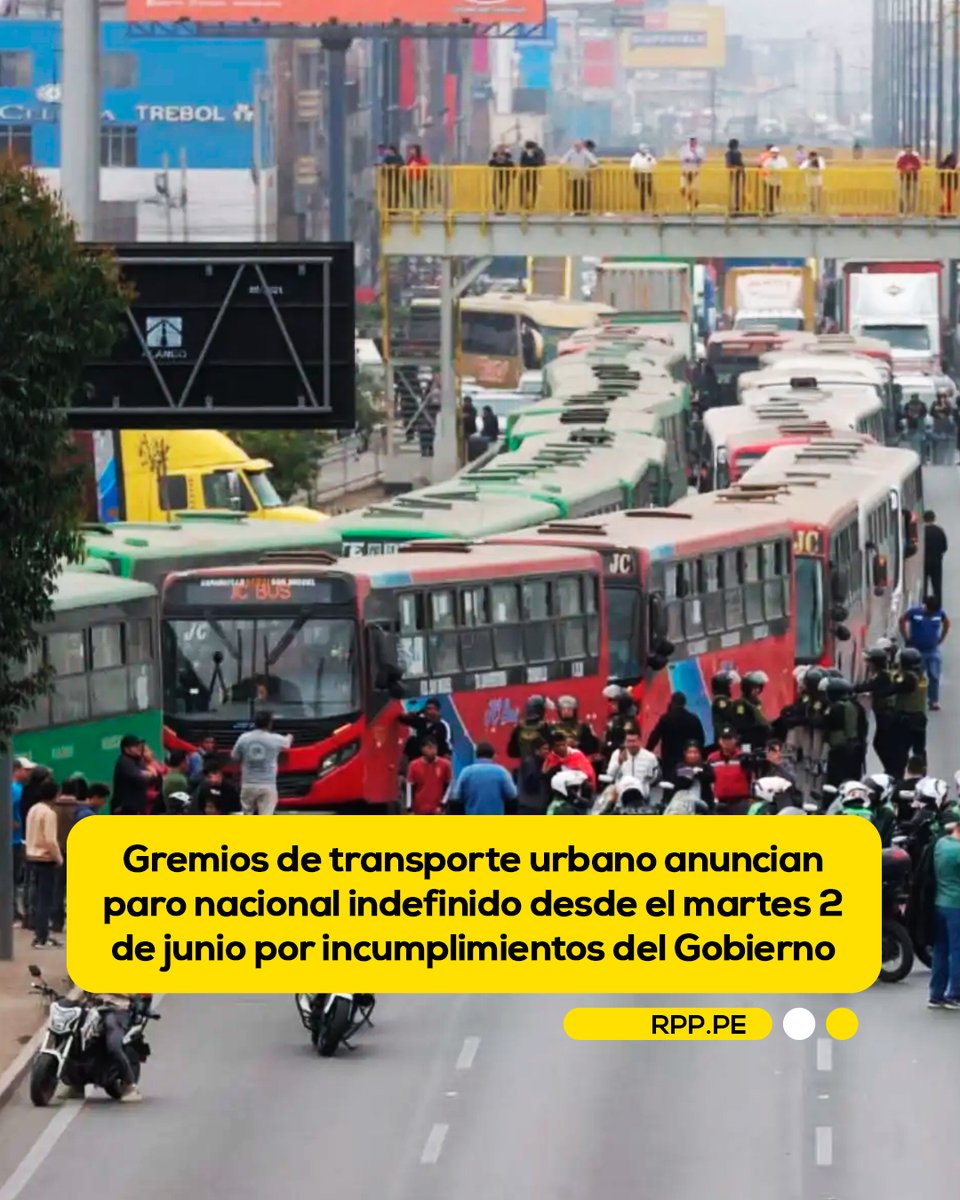 RPPNoticias's tweet photo. 🚨 #ATENCIÓN | Los gremios de transporte interprovincial, urbano y de carga pesada anunciaron este martes un paro nacional indefinido que iniciará a las 00:00 horas del próximo 2 de junio, debido al incremento del costo de los combustibles y al incumplimiento de compromisos asumidos por el Gobierno luego de varias reuniones sostenidas hace unos meses.

Martín Ojeda, representante del transporte interprovincial, informó para RPP que la medida fue acordada desde hace unos días luego de que el Ejecutivo no publicara el decreto de urgencia que debía oficializar la devolución de 4 soles por galón de combustible, debido a una fuerte crisis energética y alza histórica en los precios.

📸: ANDINA/Lino Chipana

📲 Más información 👉 https://t.co/zanGt7yR0h