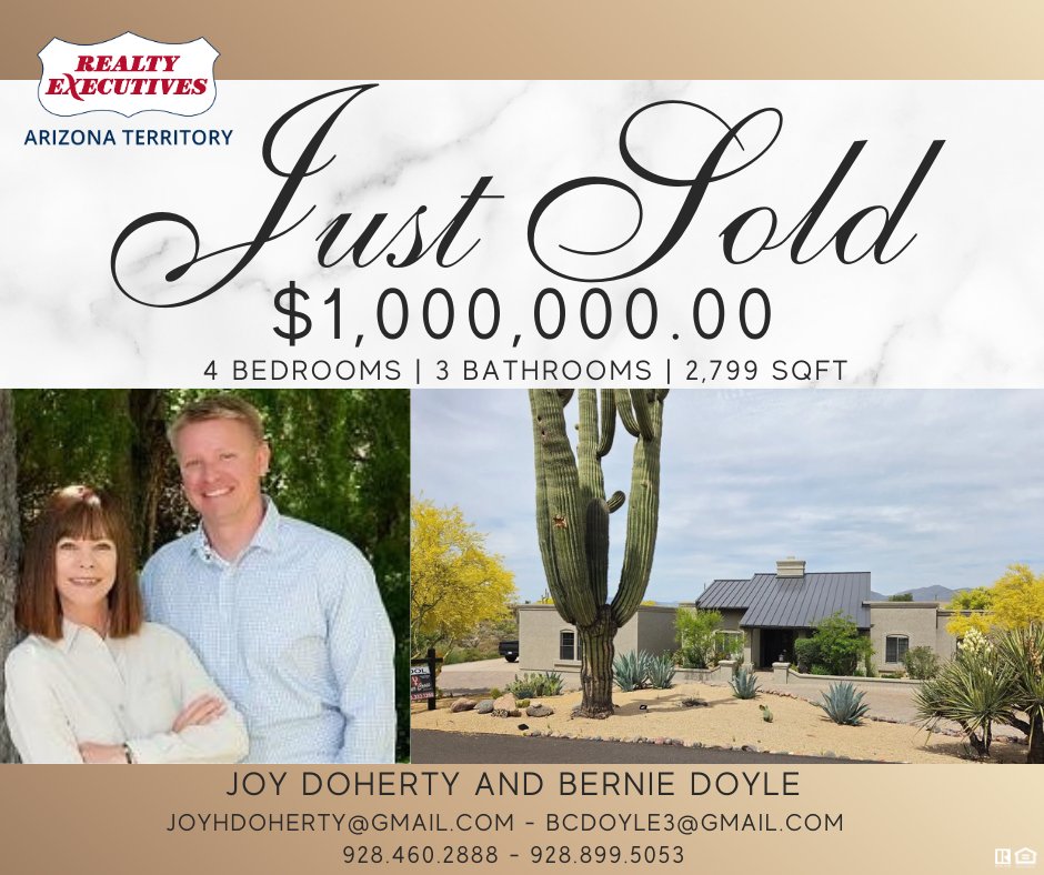 RealtyExAZ's tweet photo. Congratulations to Bernie Doyle and Joy Doherty with Realty Executives Arizona Territory - Goodwin St Office, Prescott for selling a $1 Million dollar home! #REAZT #RealtyExecutivesArizonaTerritory #RealEstate #MillionDollarSale https://t.co/kDpborJl7O