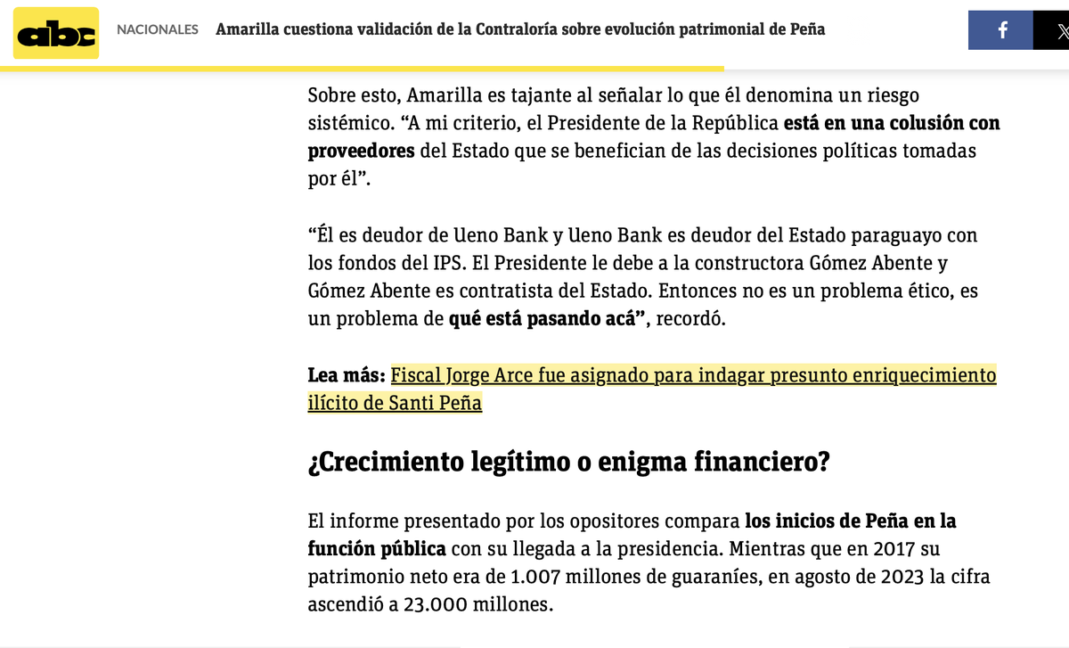 EFSantagada's tweet photo. La denuncia que un grupo de legisladores opositores presentó el año pasado se centra, precisamente, en el crecimiento patrimonial del presidente Peña durante su paso por el sector privado; y en las vinculaciones con proveedores del Estado.

Si la investigación del @MinPublicoPy es objetiva, el dictamen de correspondencia de la @contraloriapy debería ser irrelevante. Y esto porque se centra en la evolución patrimonial de 2014 a 2017 y de 2023 a 2025, dejando de lado el período 2017 a 2023, que es cuando pegó un salto patrimonial de más del 1600%.

En la denuncia se menciona que, aún si hubiera ahorrado todos sus ingresos como director de BASA, habría montos de alrededor de 1,5 millones de dólares sin justificar.

ABC Color | Amarilla cuestiona validación de la Contraloría sobre evolución patrimonial de Peña https://t.co/h8fOgdYF5A a través de @ABCDigital