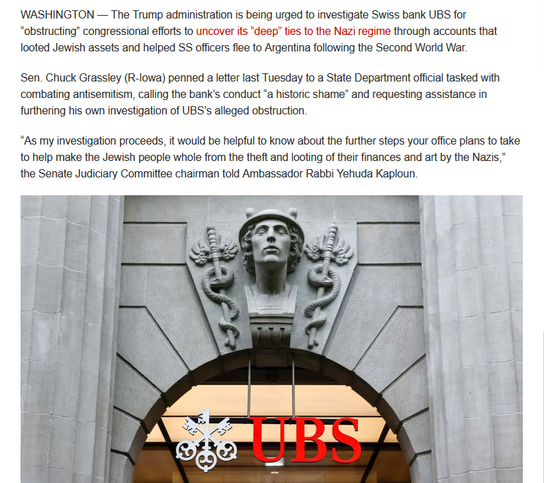 artisbrutal2021's tweet photo. " WASHINGTON — The Trump administration is being urged to investigate Swiss bank UBS for “obstructing” congressional efforts to uncover its “deep” ties to the Nazi regime through accounts that looted Jewish assets and helped SS officers flee to Argentina following the WW2"🍿 https://t.co/5kUKB2GzK7