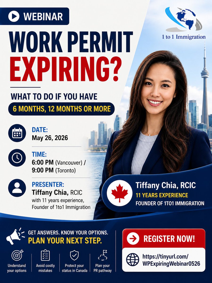 1to1Immigration's tweet photo. Work permit expiring in 2026, 2027, or later?

Your PR runway may already be shorter than you think.

Free webinar tonight + CRS &amp; PR Runway Calculator.

⏰ 6 PM Vancouver / 9 PM Toronto
📺 Replay available
https://t.co/tO0OWSzlnl

#canadaimmigration #expressentry #pgwp https://t.co/2VZ9kPZQqV