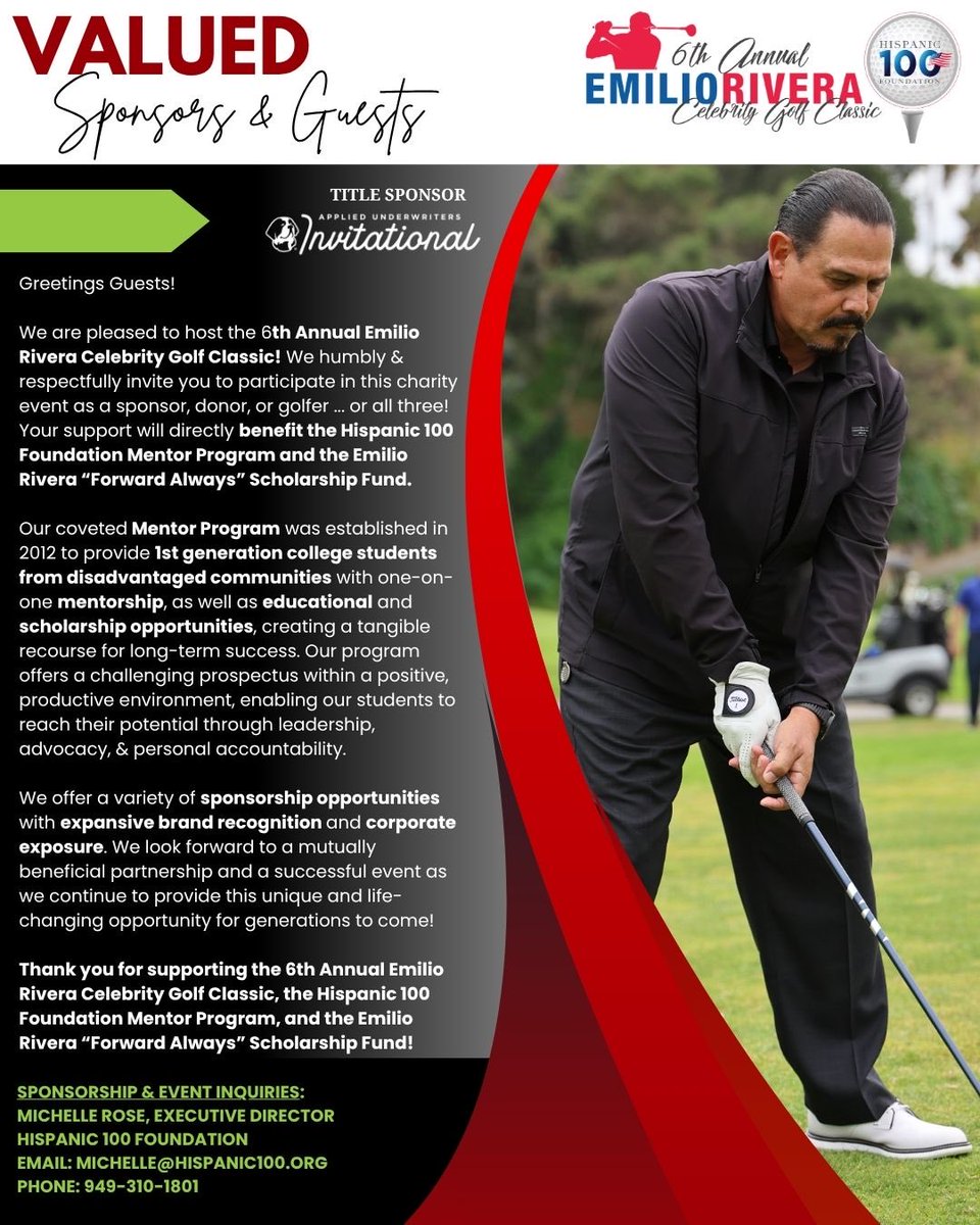 H100Foundation's tweet photo. 6th Annual Emilio Rivera Celebrity Golf Classic
LIMITED FOURSOMES AVAILABLE!

Join us for an unforgettable day on the course- SUPPORTING THE HISPANIC 100 FOUNDATION MENTOR PROGRAM AND SCHOLARSHIP FUND! 

Don't delay register today! Event is almost sold out! https://t.co/gbc6wSdESZ